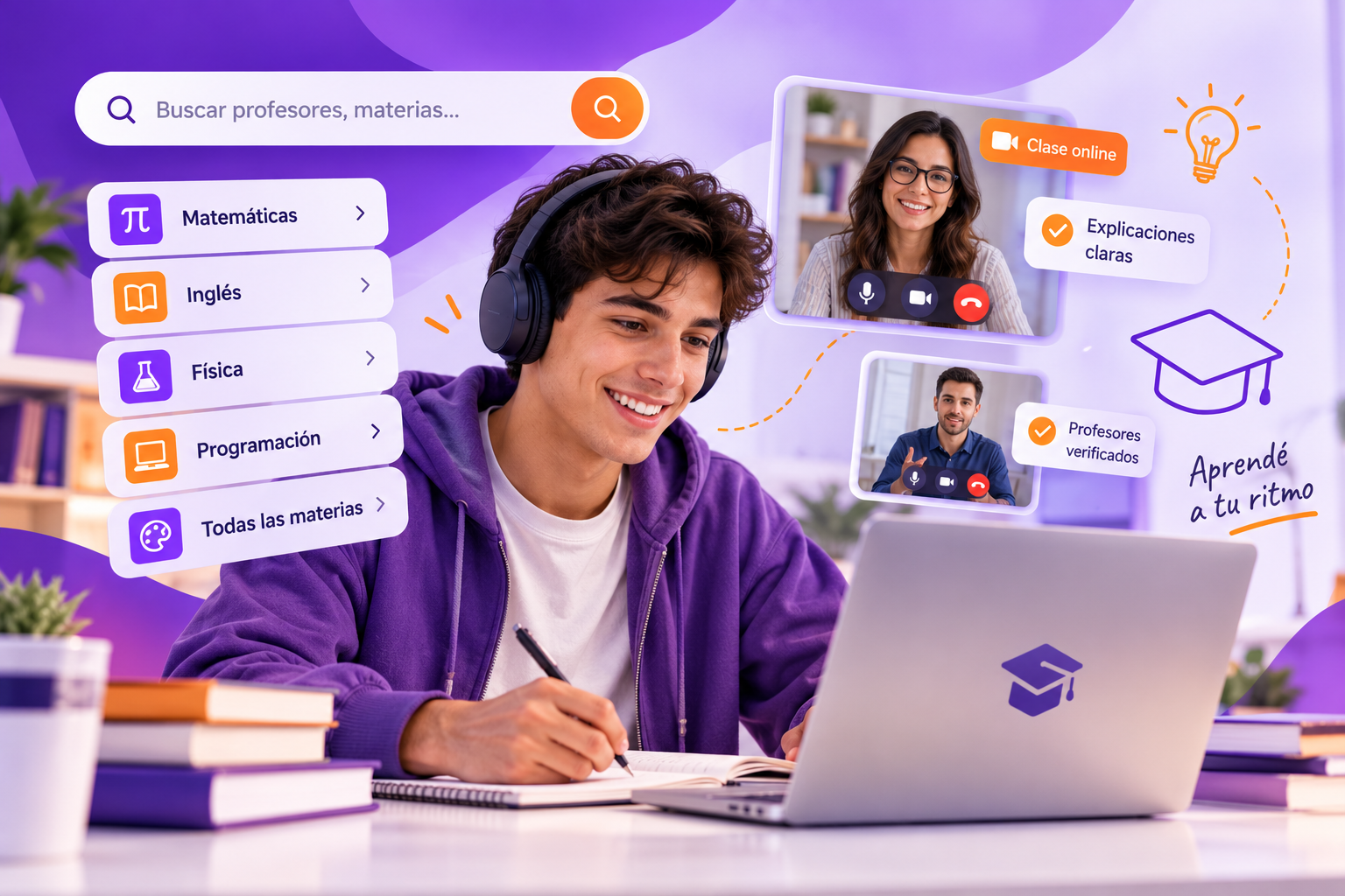 Estudiante con auriculares tomando una clase online desde su computadora